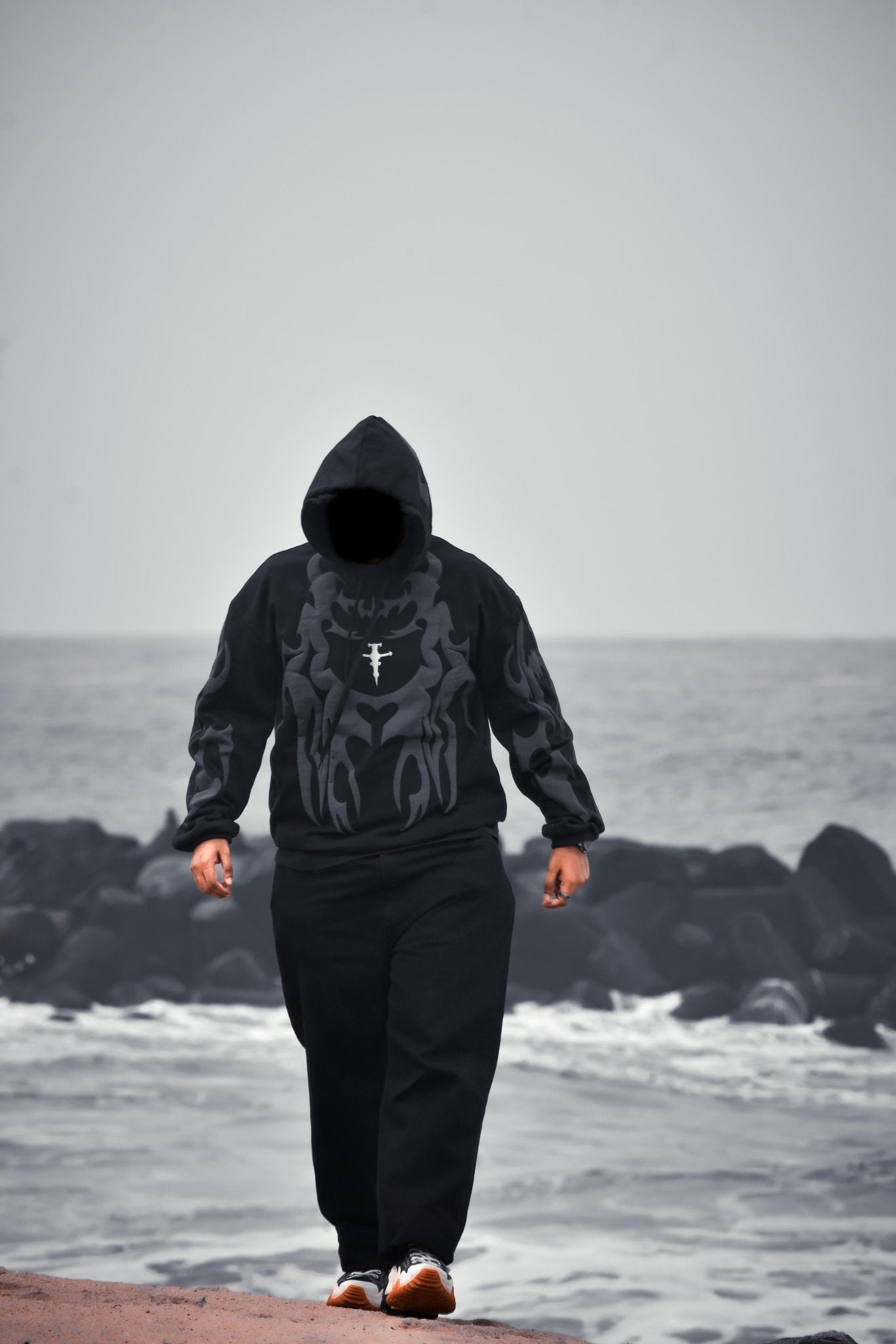 Tribal Shadow Depth Hoodie – Premium Black & Grey Streetwear Oversized Fit |XOVRA® - XOVRA.IN