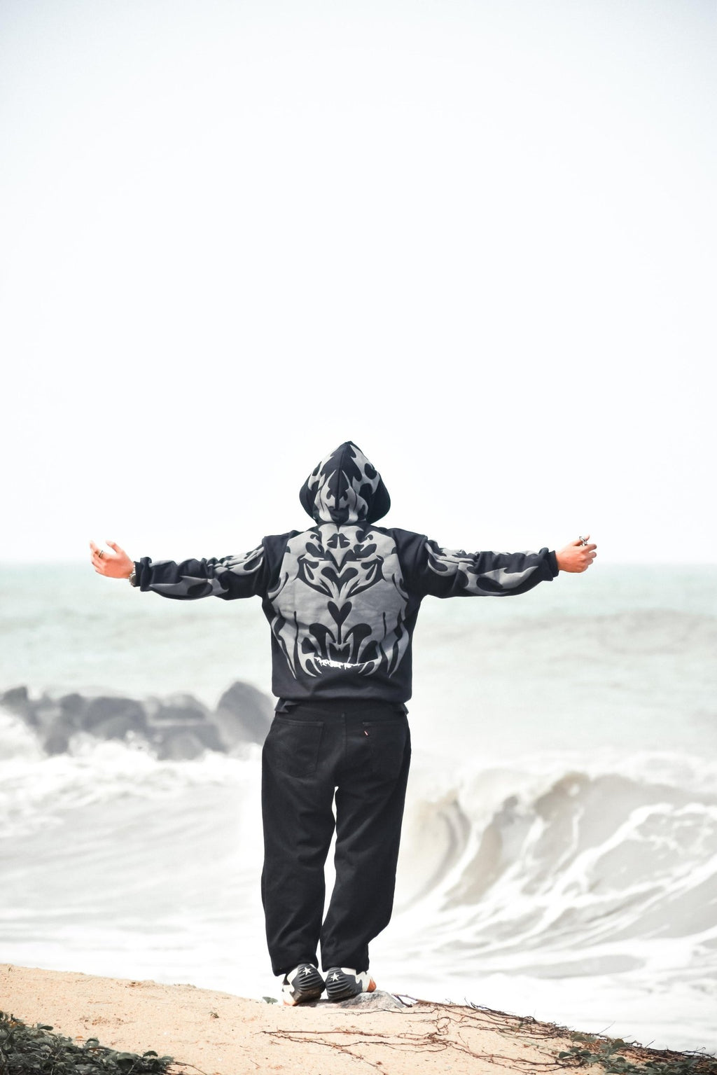 Tribal Shadow Depth Hoodie – Premium Black & Grey Streetwear Oversized Fit |XOVRA® - XOVRA.IN