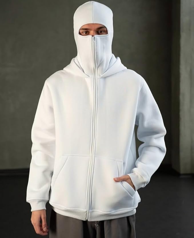White Balaclava Zipper Hoodie by XOVRA – Front View
