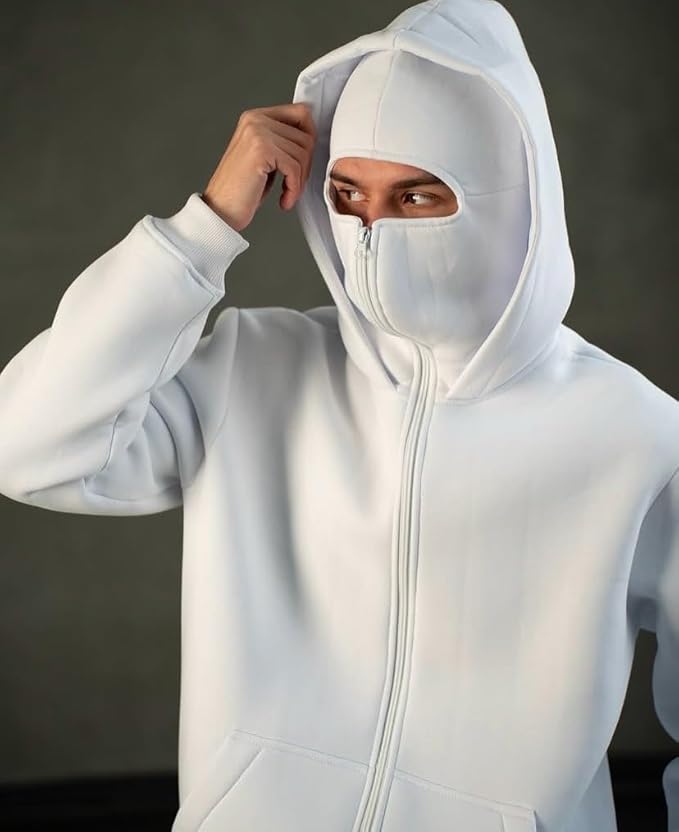 XOVRA White Balaclava Zipper Hoodie – Side View