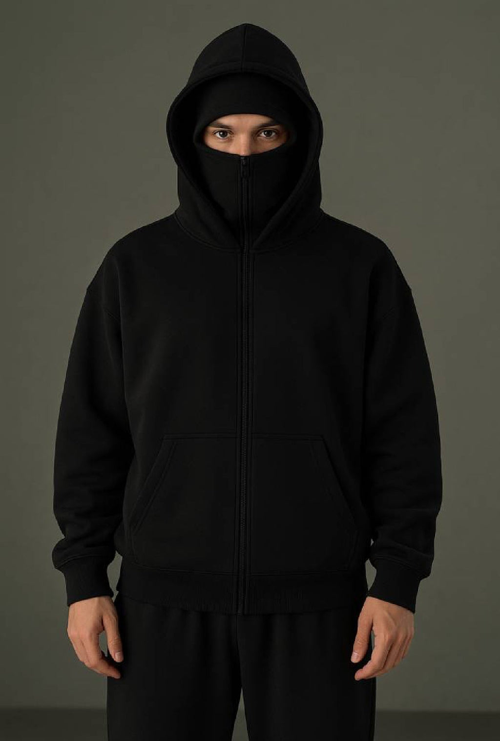 Front view of XOVRA Balaclava Zipper Hoodie – matte black oversized techwear hoodie