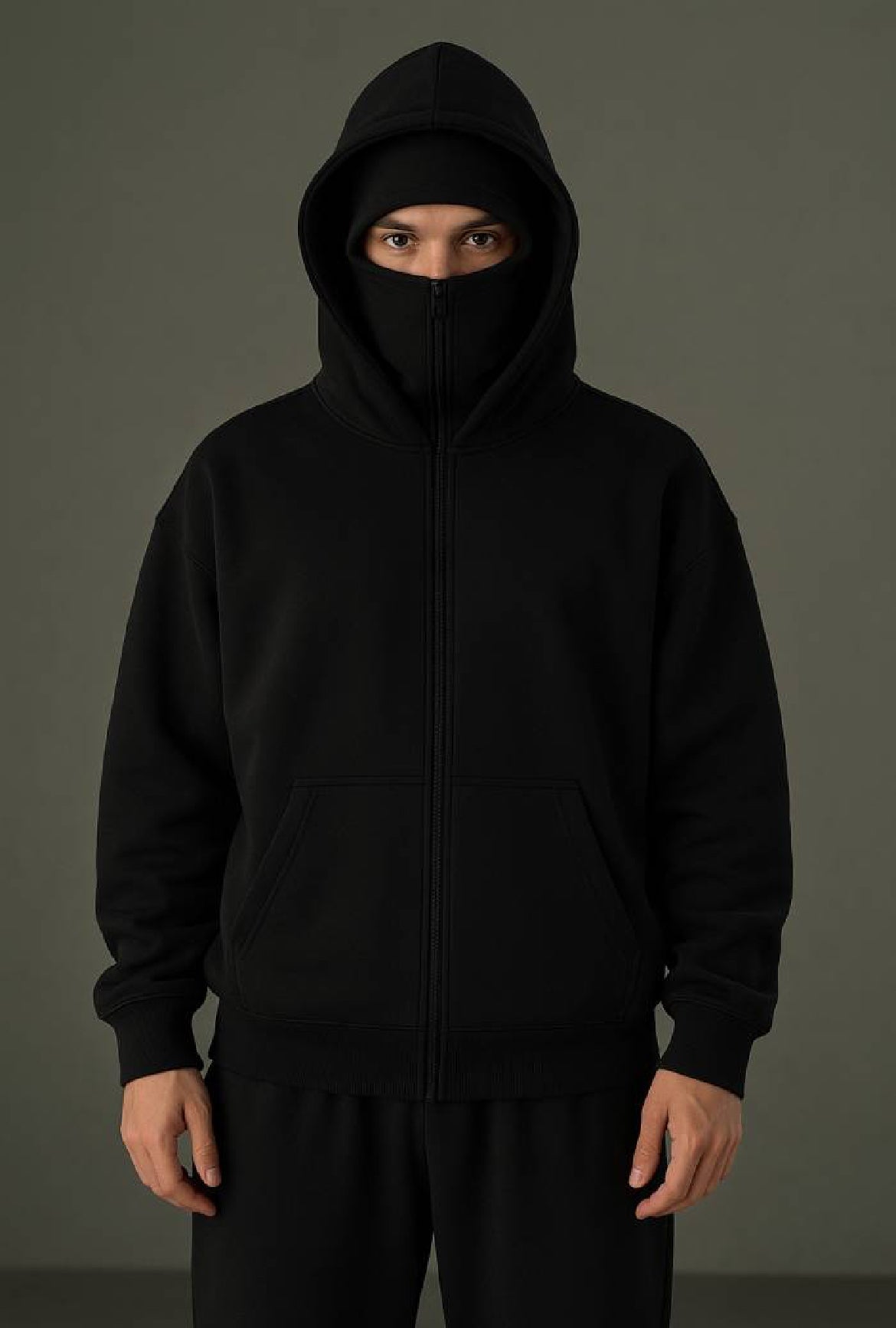 Front view of XOVRA Balaclava Zipper Hoodie – matte black oversized techwear hoodie