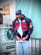 Black Ferrari racing jacket on Indian model side profile – XOVRA clothing brand