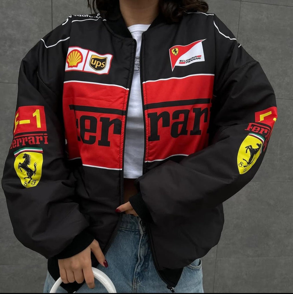 Side profile of Ferrari Printed Jacket by XOVRA – black and red luxury streetwear style