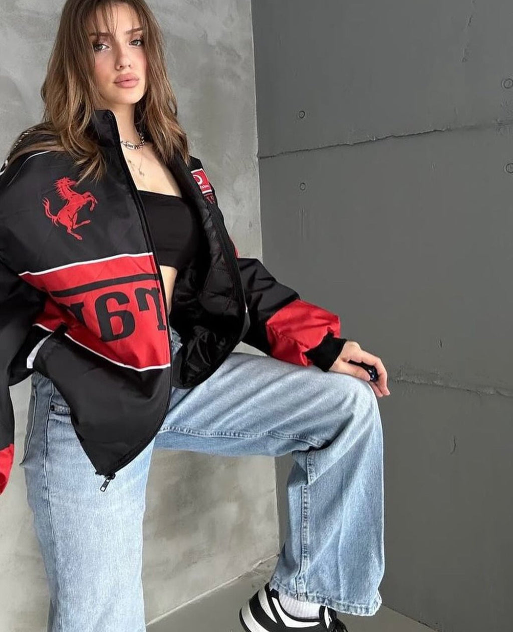 XOVRA Black Ferrari Printed Jacket on display at XOVRA Mumbai and UP stores – premium streetwear collection