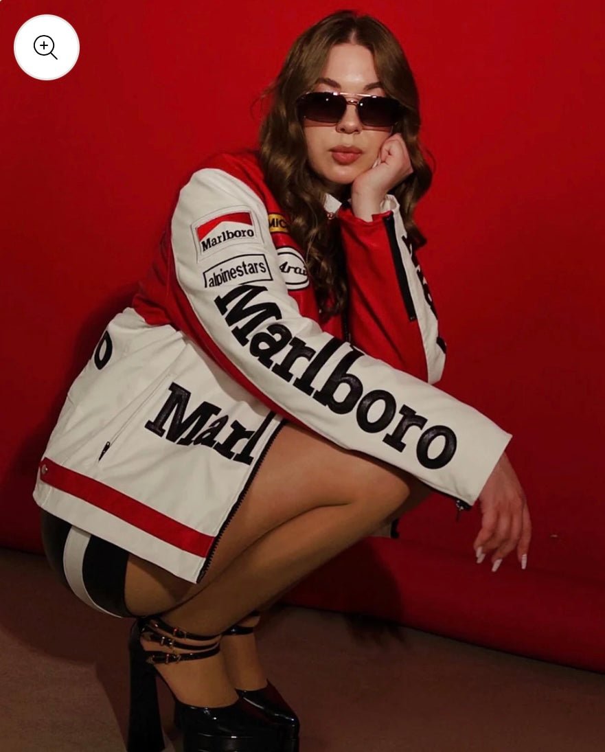 Indian girl wearing white and red Marlboro leather jacket by XOVRA — premium streetwear look, Mumbai street style