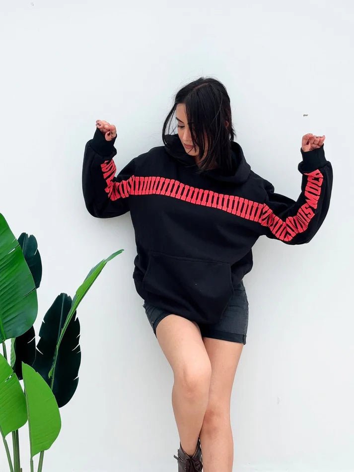 Model wearing XOVRA I Love You This Much Hoodie front view – premium black couple streetwear oversized fit