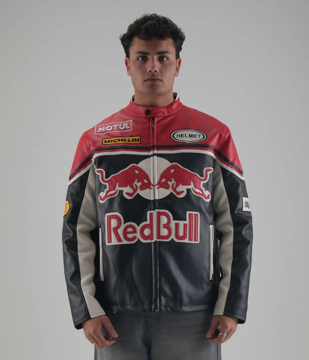 xovra red bull leather jacket front view premium streetwear