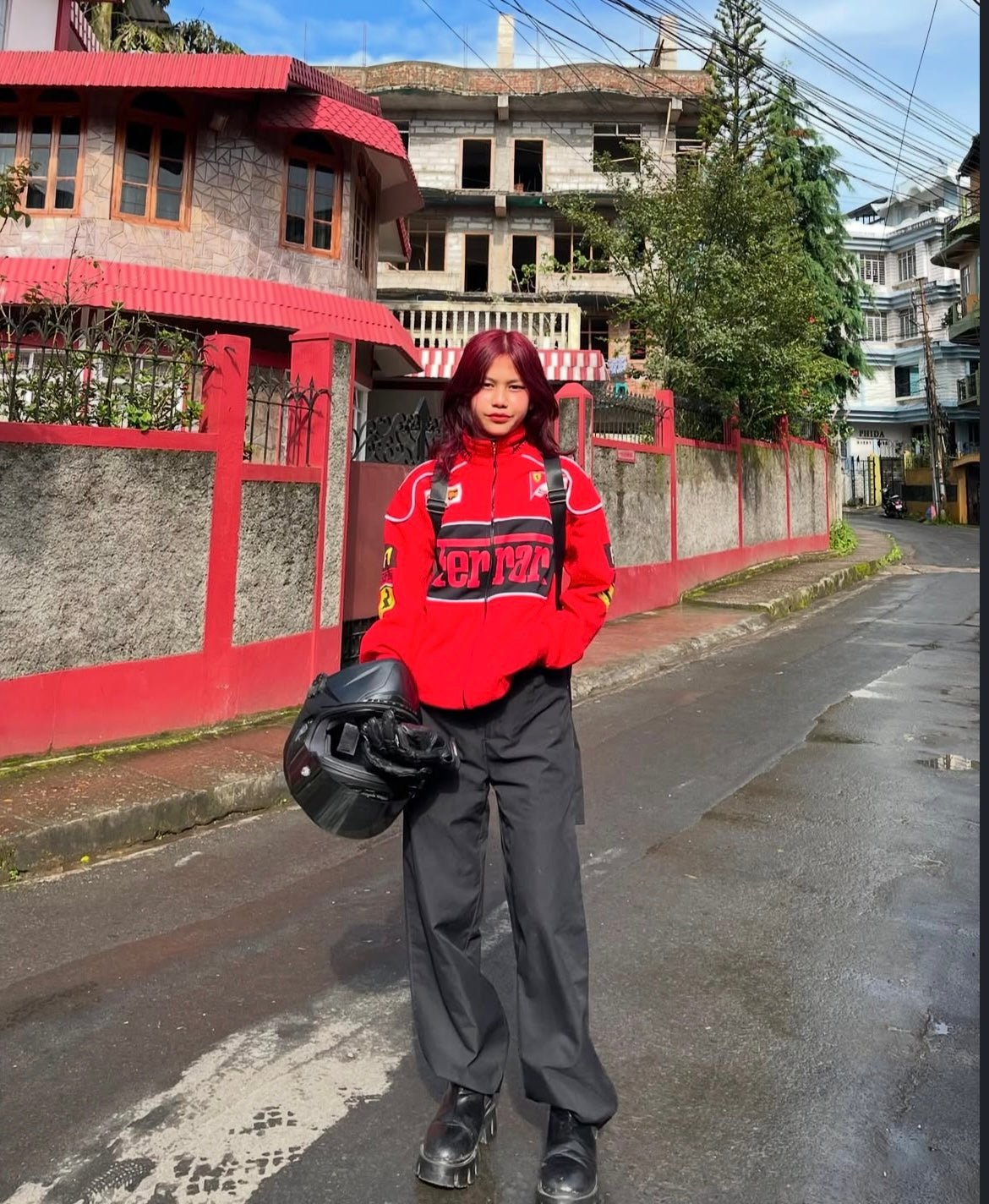 Urban Streetwear Outfit with Red Ferrari Racing Jacket – Lifestyle Look